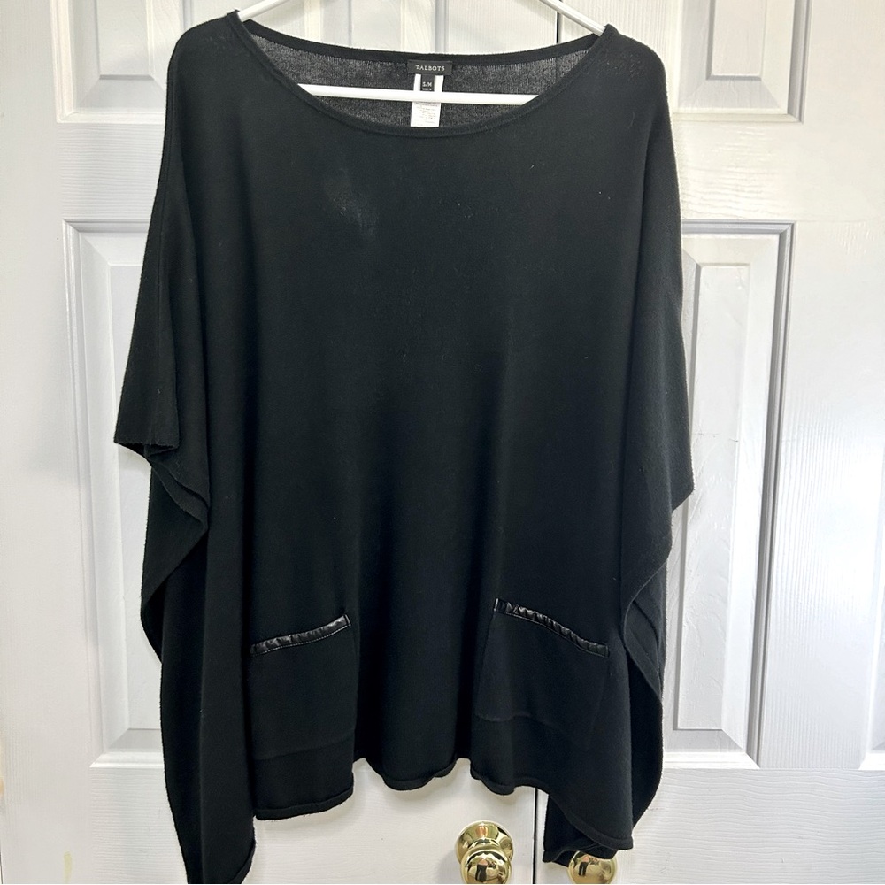 Talbots Black Lagenlook Cotton Blend Poncho Sweater w/ Front Pockets S/M